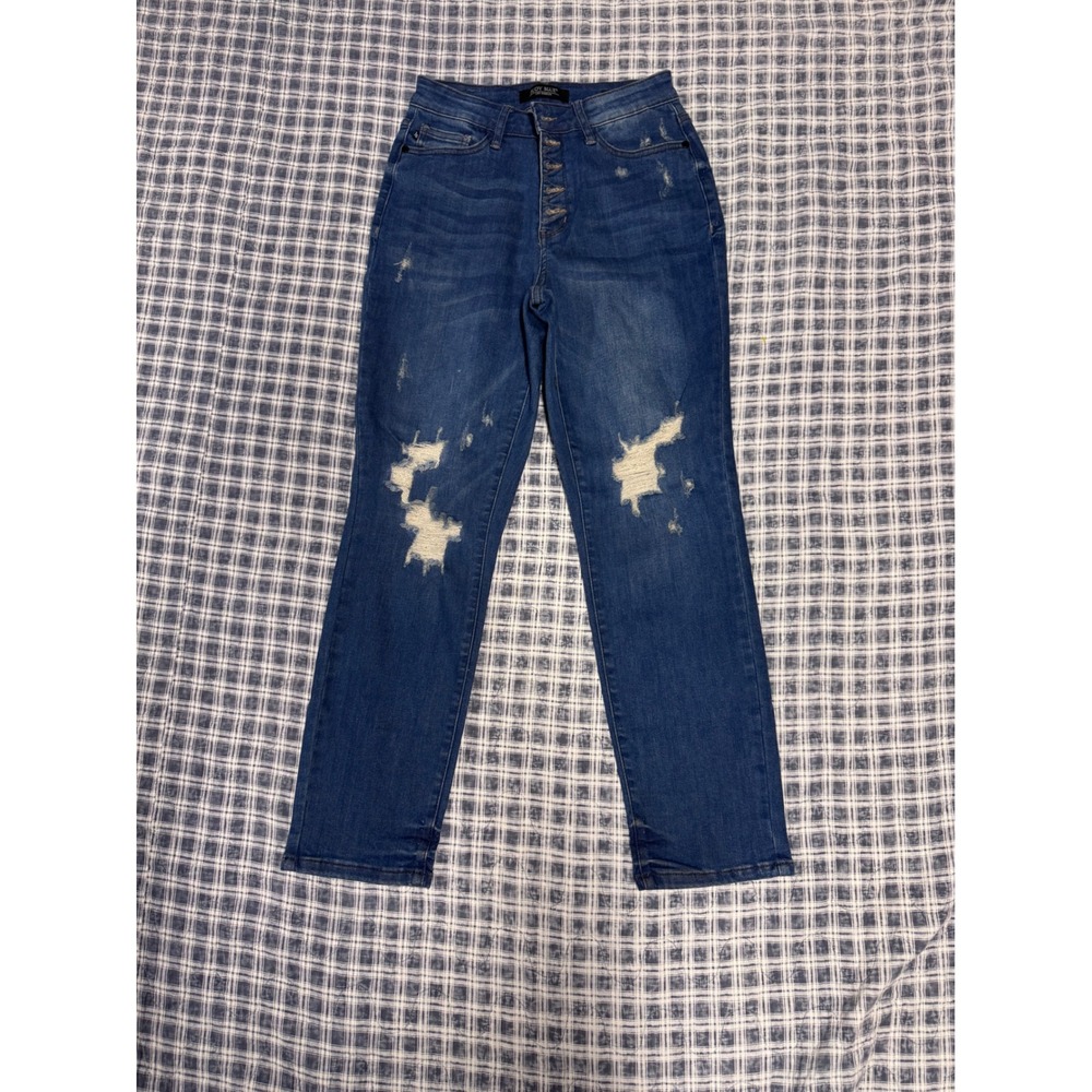 Judy Blue Boyfriend Fit High Rise Distressed Button Fly Jeans Blue Women 5/27